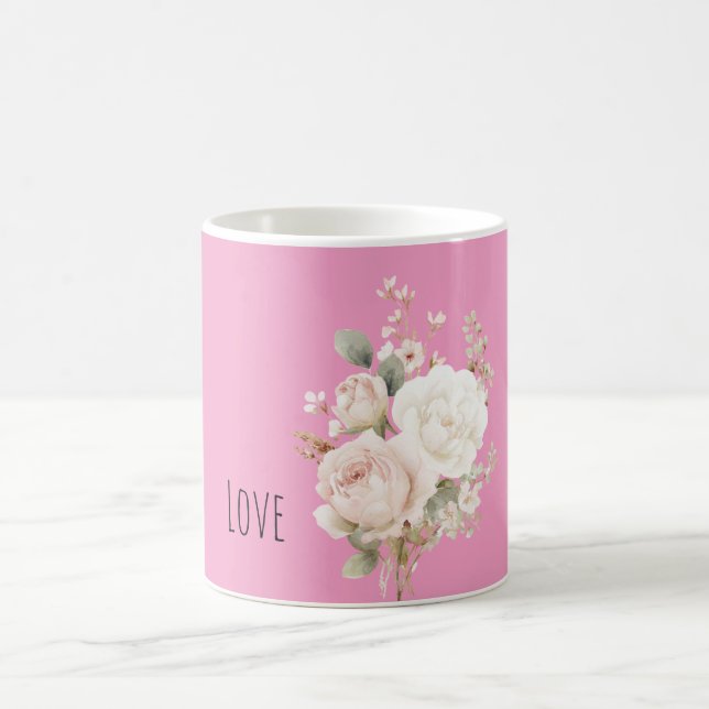 Blush Pink White Roses Floral Coffee Mug (Center)
