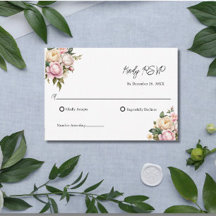 Blush Pink White Roses Floral Elegant Wedding RSVP