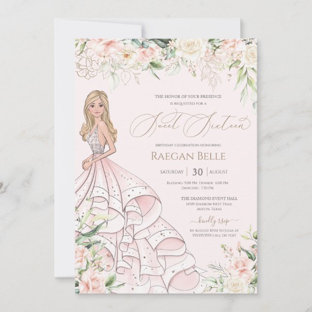 Blush Pink White Roses Luxury Sweet Sixteen  Invitation (Front)