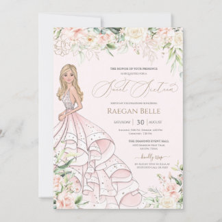 Blush Pink White Roses Luxury Sweet Sixteen Invitation