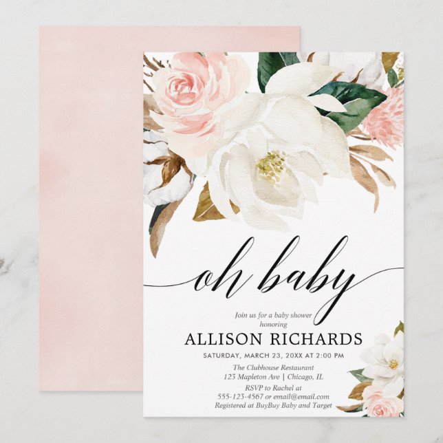Blush pink white rustic magnolia floral girl baby invitation (Front/Back)
