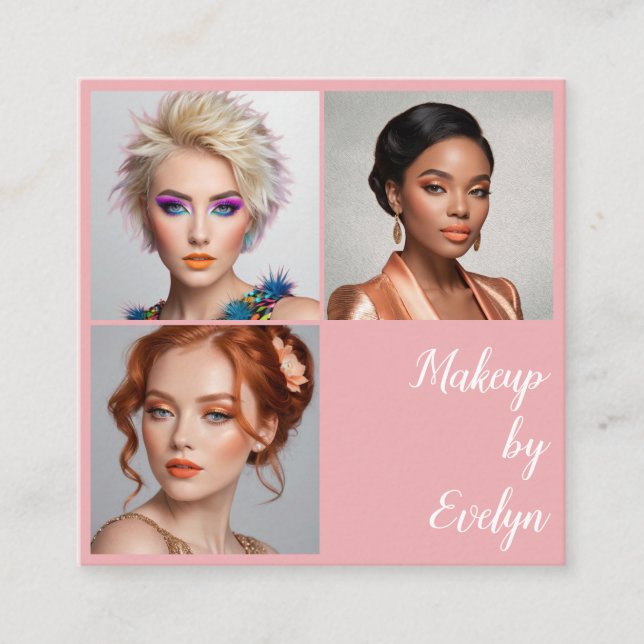 Blush Pink White Script 3 Photo QR Code Makeup Square Business Card (Front)