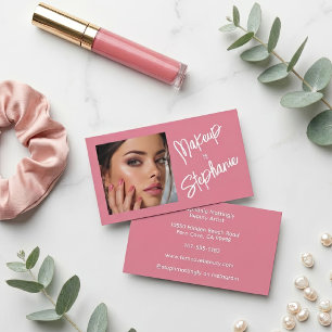 Blush Pink White Script Photo Makeup Business Card