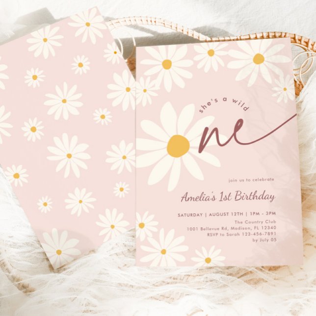 Blush Pink Wild One Daisy 1st Birthday Invitation (Creator Uploaded)