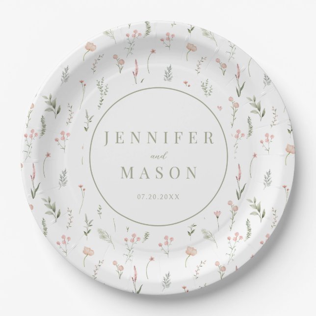  Blush pink wildflower floral wedding paper plates (Front)