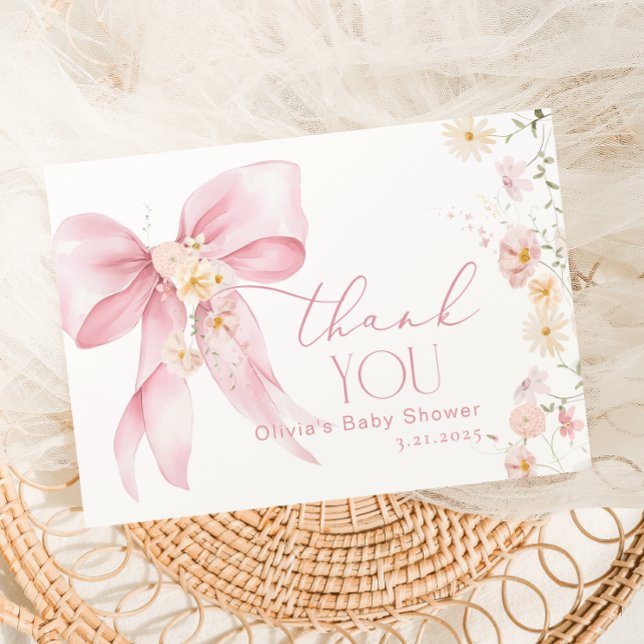 Blush Pink Wildflower Pink Bow Thank you card (Creator Uploaded)