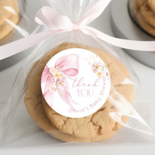 Blush Pink Wildflower Pink Bow Thank you Classic Round Sticker