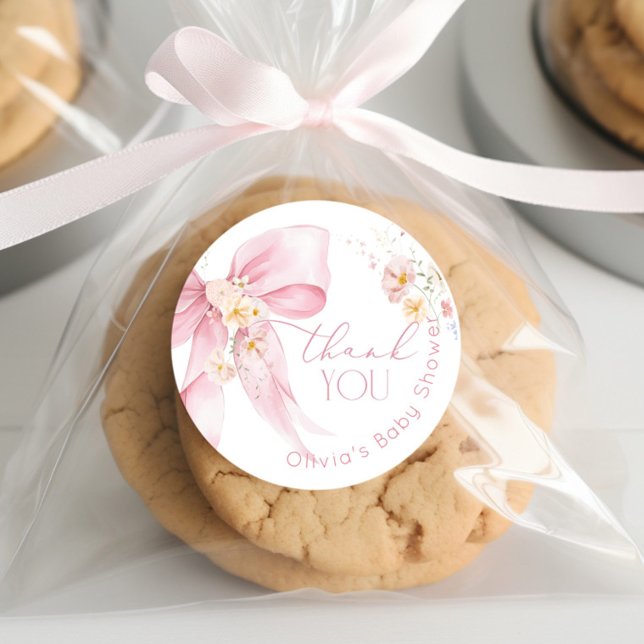 Blush Pink Wildflower Pink Bow Thank you Classic Round Sticker (Creator Uploaded)