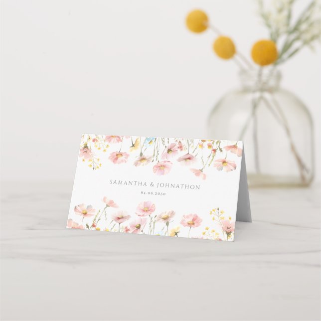 Blush Pink Wildflower Wedding Folded Place Card (Back)