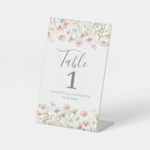 Blush Pink Wildflower Wedding Table Number Pedestal Sign