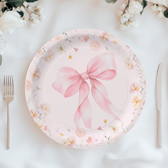 Blush Pink Wildflowers Bow Baby in Bloom Paper Plate (Creator Uploaded)