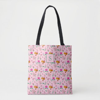 Blush Pink Wildflowers & Honeybee Monogram Tote Bag