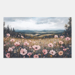 Blush Pink Wildflowers Landscape Rectangular Sticker