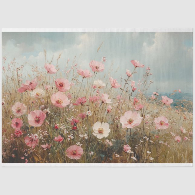 Blush Pink Wildflowers Scenic Painting Decoupage Tissue Paper (Front)