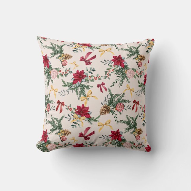 Blush Pink Winter Botanical Greenery Bow Pattern Cushion (Front)