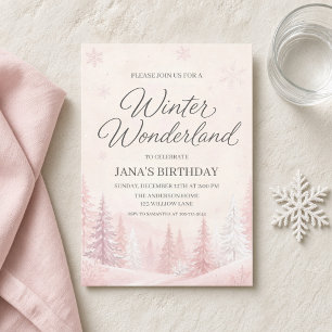 Blush Pink Winter Forest Wonderland Birthday Invitation