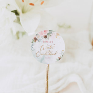 Blush pink winter onederland girl birthday classic round sticker