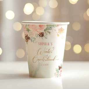 Blush pink winter onederland girl birthday paper cups