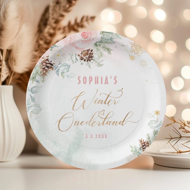 Blush pink winter onederland girl birthday paper plate (Creator Uploaded)