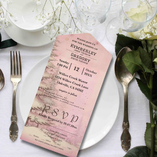 Blush Pink Winter Scene Snowy Pine Tree Christmas All In One Invitation