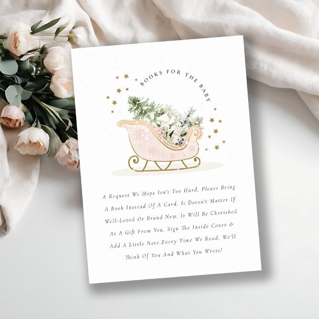Blush Pink Winter Sleigh Books for Baby Shower Enclosure Card (Creator Uploaded)