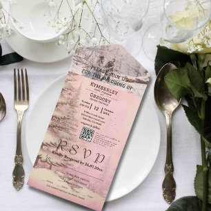 Blush Pink Winter Snowy Pine Tree Photo QR Code All In One Invitation