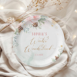 Blush pink winter wonderland girl birthday paper plate