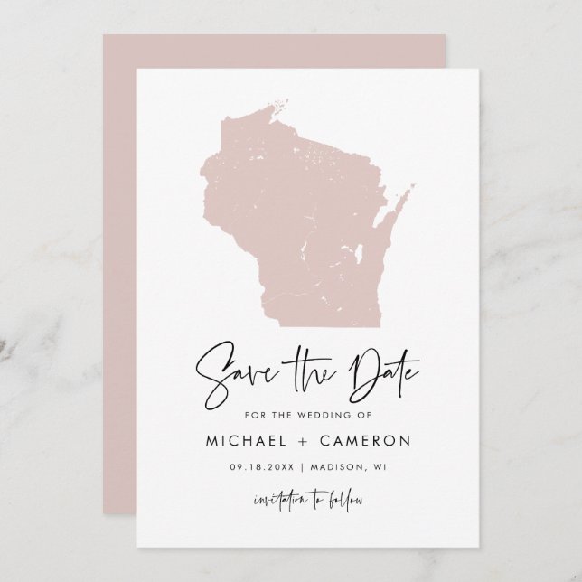 Blush Pink Wisconsin Map Minimalist Script Wedding Save The Date (Front/Back)