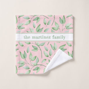 Blush Pink with Watercolor Leaves and Name Wash Cloth