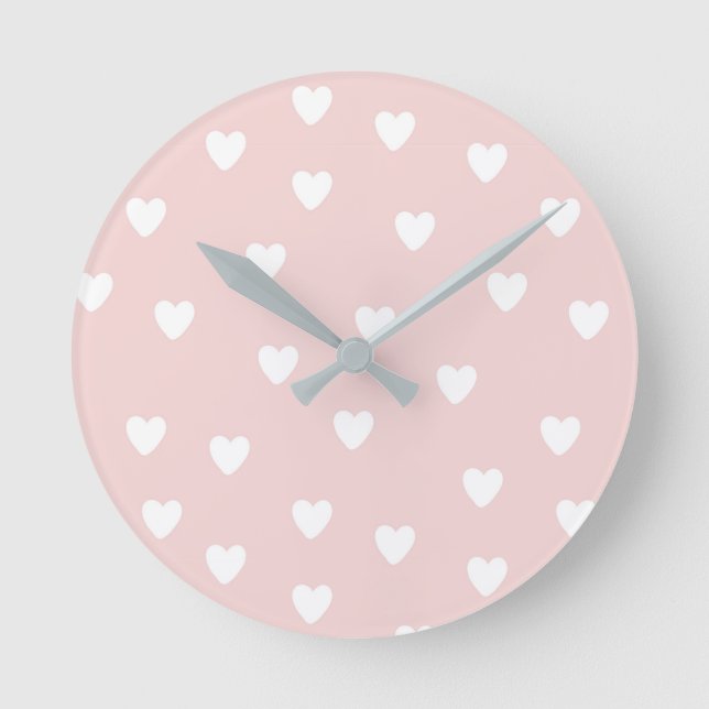 Blush Pink with White Hearts | Kids or Nursery Round Clock (Front)