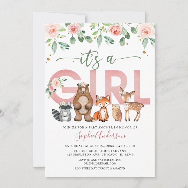 Blush Pink Woodland animals Girl Baby Shower Invitation (Front)
