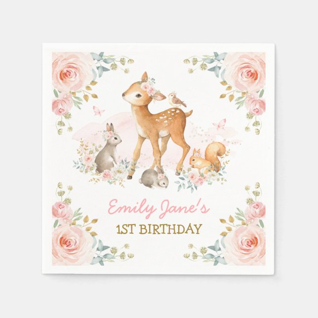 Blush Pink Woodland Forest Animals Floral Birthday Napkin (Front)