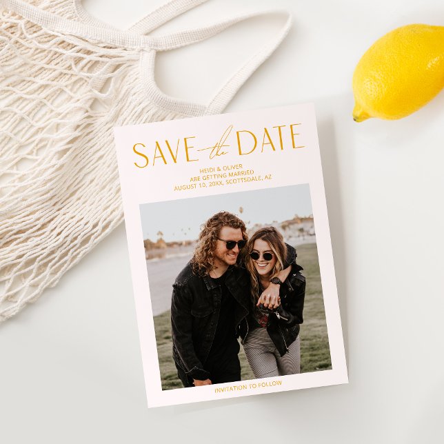 Blush Pink & Yellow Photo Save the Date Card (Creator Uploaded)