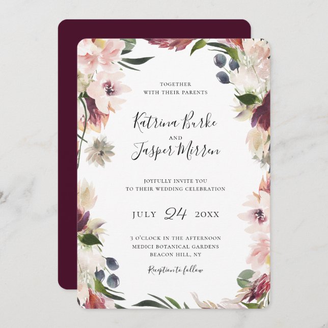 Blush Plum Botanical Floral Frame Wedding Invitation (Front/Back)