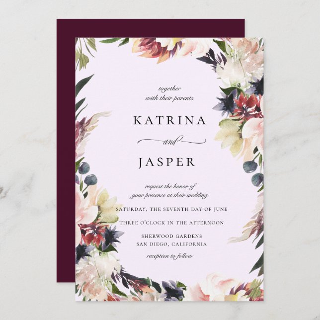 Blush Plum Floral Frame Wedding Invitation (Front/Back)