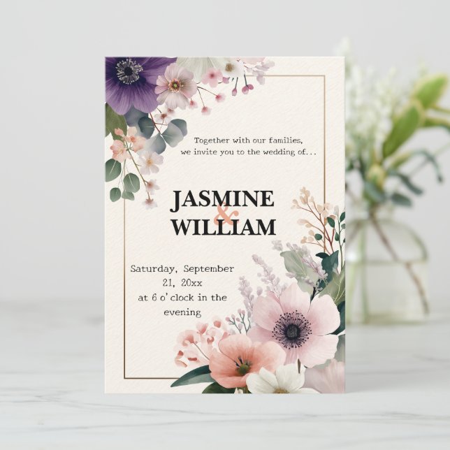 🌹 Blush & Plum Floral Wedding Invitation 💐💒 (Standing Front)