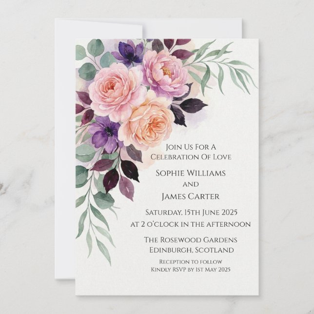 Blush Plum Rose Corner Wedding Invitation (Front)