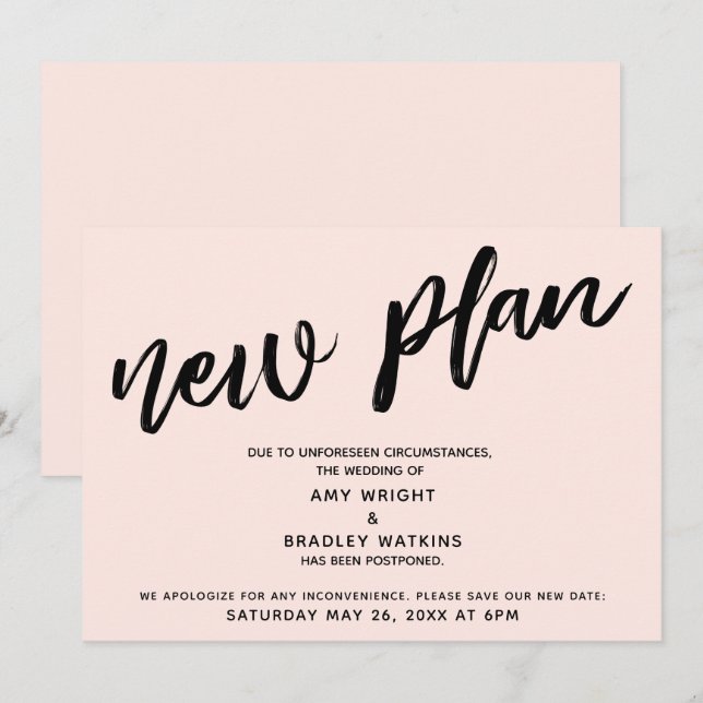 Blush Postponed Wedding Announcement New Plan Card (Front/Back)