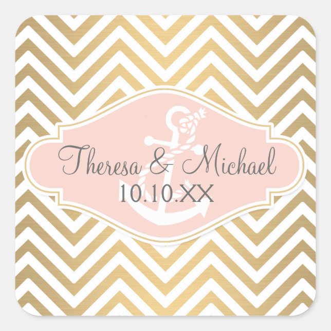 Blush Preppy Chevron Stripe Modern Nautical Anchor Square Sticker (Front)