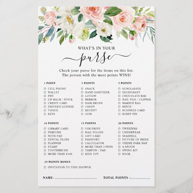 Blush Pretty Pink Botanical bridal shower game (Front)