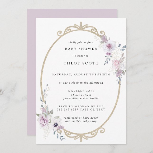 Blush Purple Floral Gold Frame Baby Shower Invitation (Front/Back)