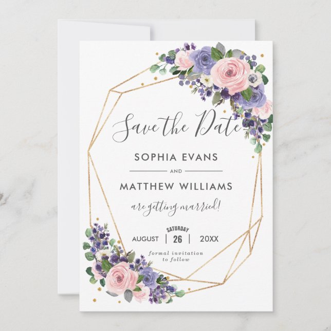 Blush Purple Floral Gold Geometric Save the Date Invitation (Front)