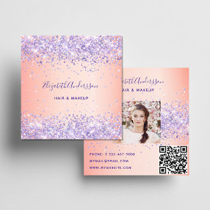 Blush purple glitter photo qr code square business card