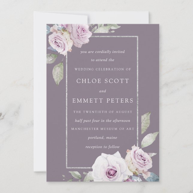 Blush Purple Rose Floral Silver Wedding Invitation (Front)