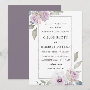 Blush Purple Rose Floral Silver Wedding Invitation