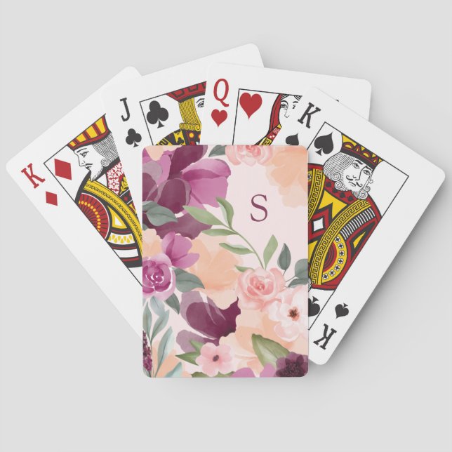 Blush & Purple Violet Watercolor Floral Monogram Playing Cards (Back)