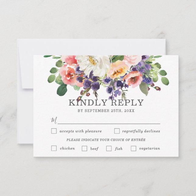 Blush Purple White Floral Wedding Meal Choice RSVP Card (Front)