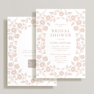 Blush QR Code White Folk Floral Bridal Shower Invitation