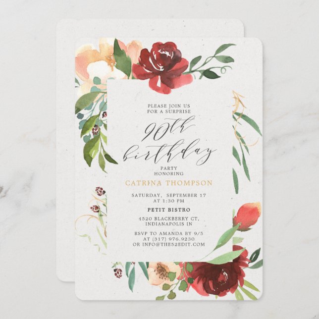 Blush Red Floral 90th Surprise Birthday Party Invitation (Front/Back)