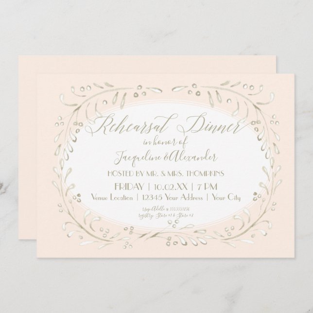 Blush Rehearsal Dinner Modern Leaf Leaves Wreath Invitation (Front/Back)
